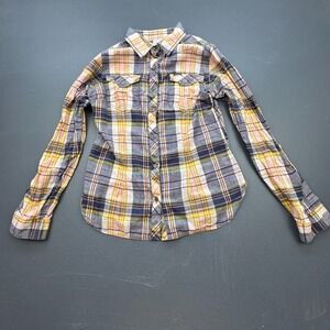 Columbia Plaid Flannel Shirt Women's Medium Long Sleeve Button Front Yellow Blue